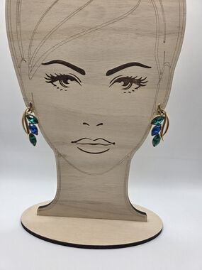 1603. Gold Tone Leaf Drop Earrings with Blue and Green Crystals